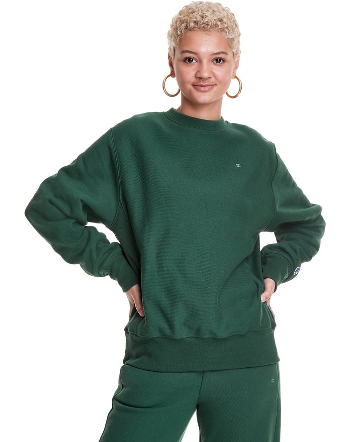 Champion Womens Sweatshirt NZ - Reverse Weave Boyfriend Crew Dark Green ( 8964-AUVRT )